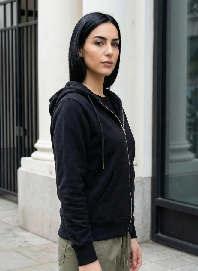 مرفوعة Women Relaxed Fit Solid Hooded Full Sleeves Front Open Sweatshirt